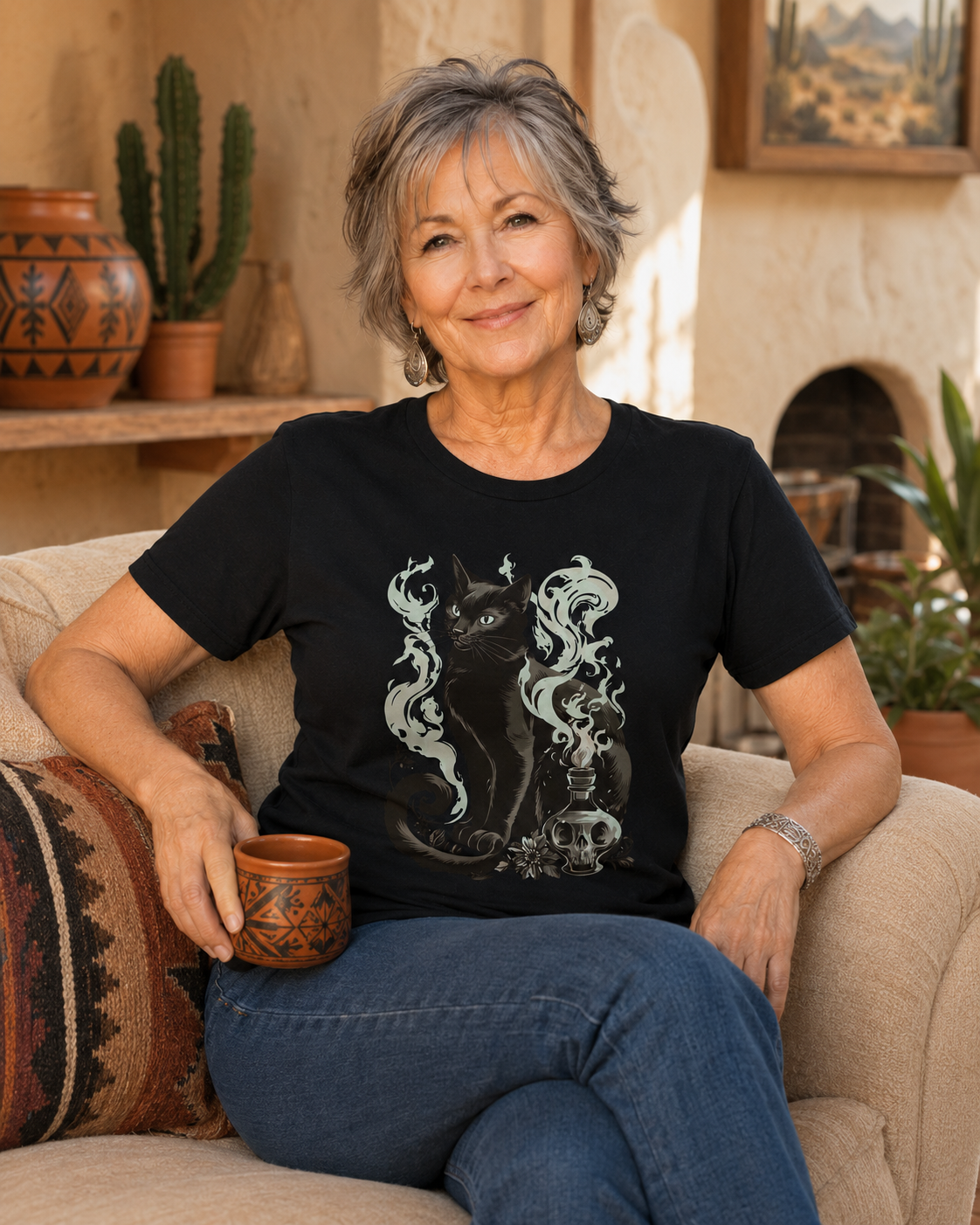 A woman sitting on a beige couch wearing a black graphic t-shirt with a black cat and white smoke design, in a warm, rustic indoor setting.
