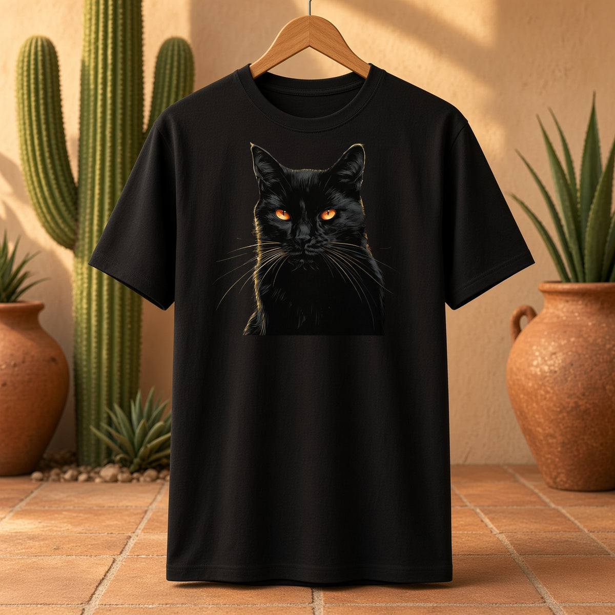 Midnight Feral Black Cat Shirt | Black Cat Portrait Tee with Glowing Amber Eyes