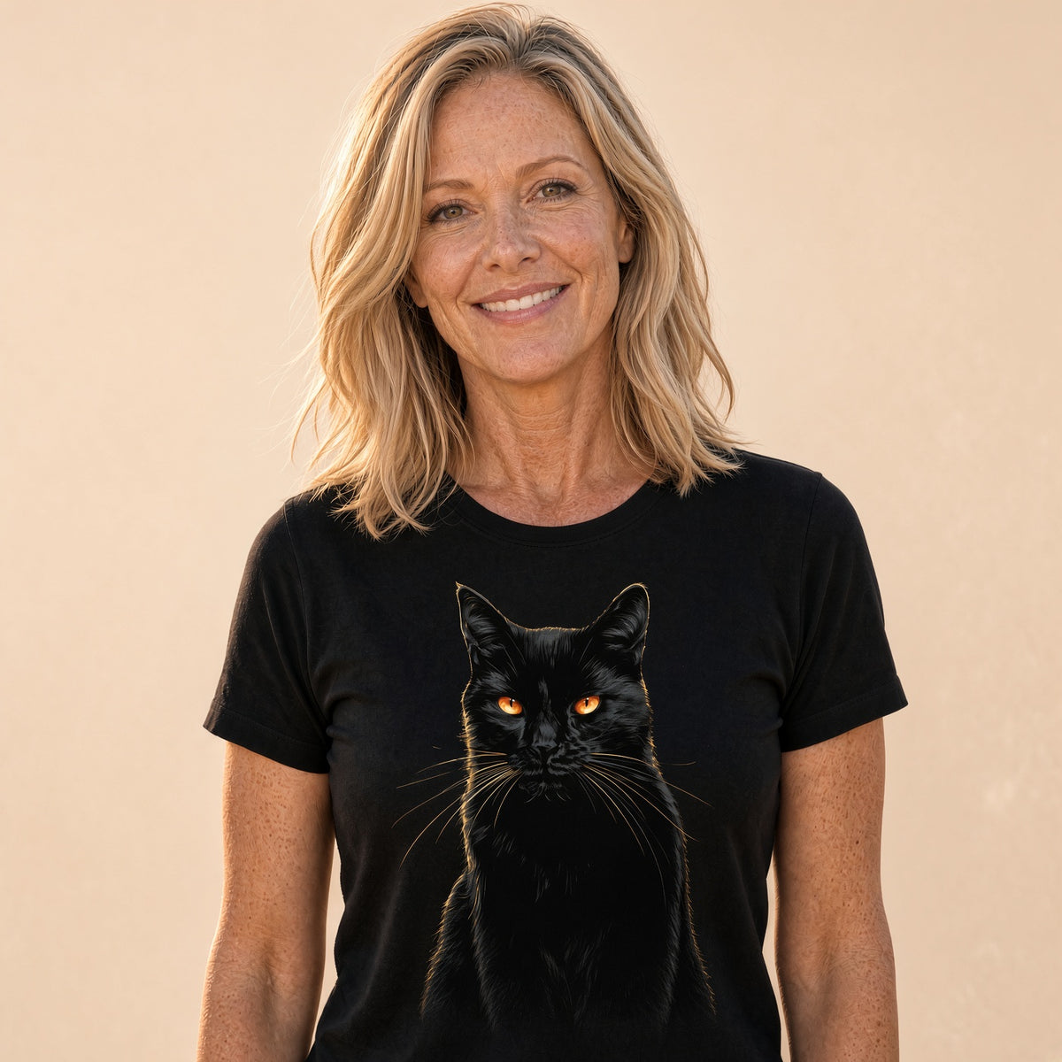 Midnight Feral Black Cat Shirt | Black Cat Portrait Tee with Glowing Amber Eyes