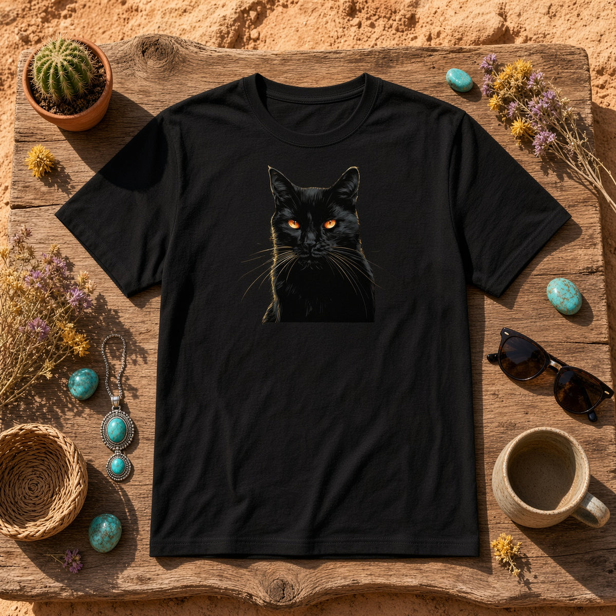Midnight Feral Black Cat Shirt | Black Cat Portrait Tee with Glowing Amber Eyes