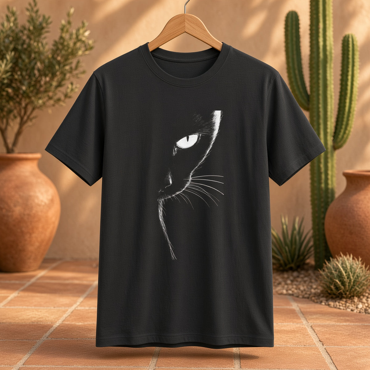 Black t-shirt with a minimalist half face cat graphic hanging on a wooden hanger in a desert-themed setting.