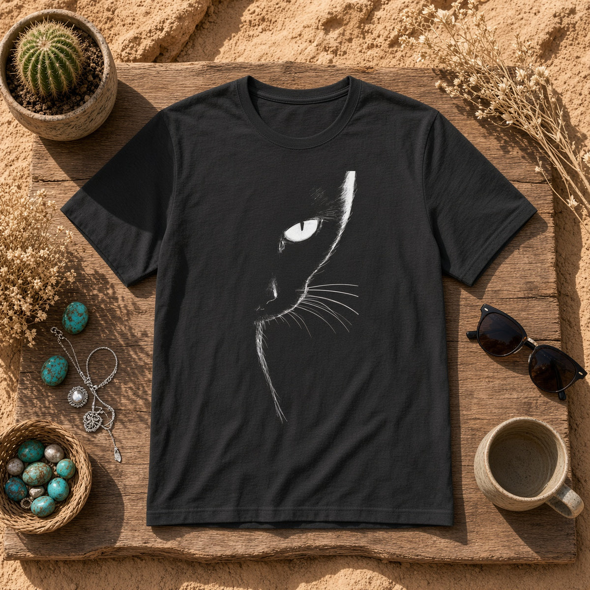 Black t-shirt featuring a minimalist half face cat graphic displayed on a wooden surface with accessories.