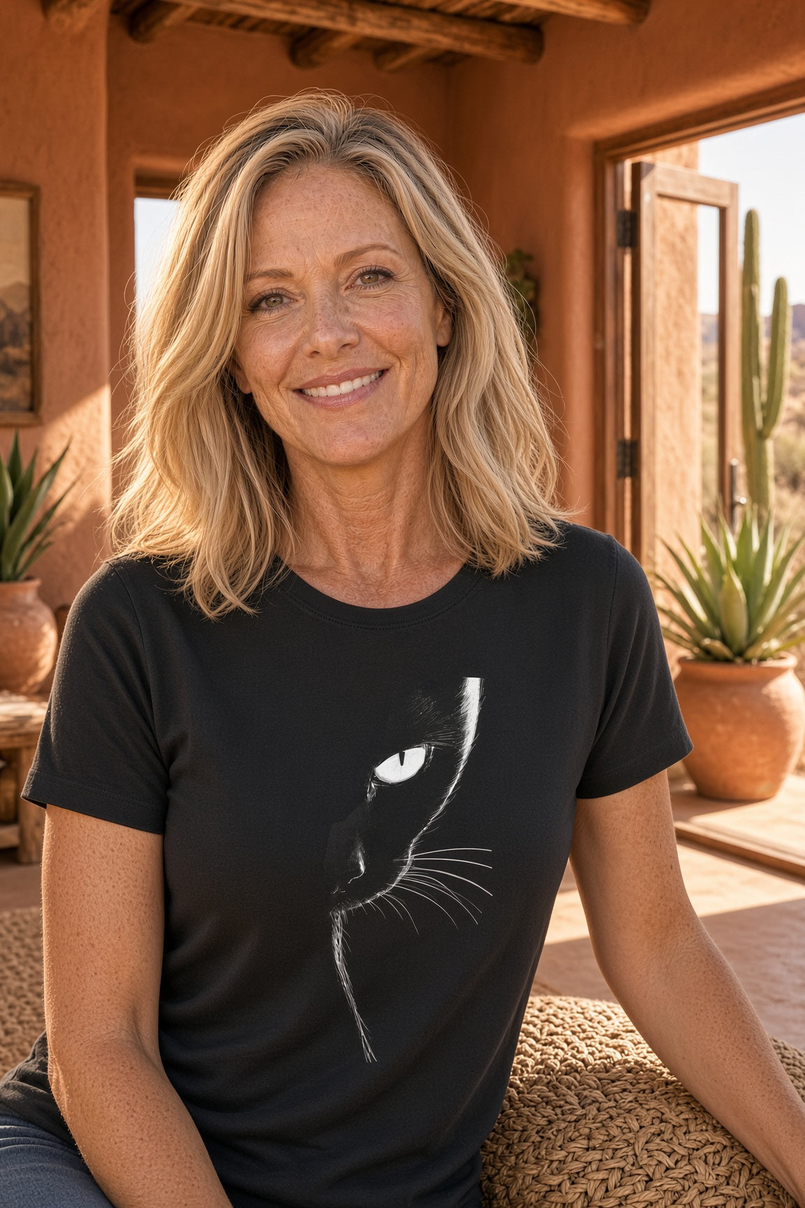 Woman smiling while wearing a black cat graphic t-shirt in a warm indoor setting.