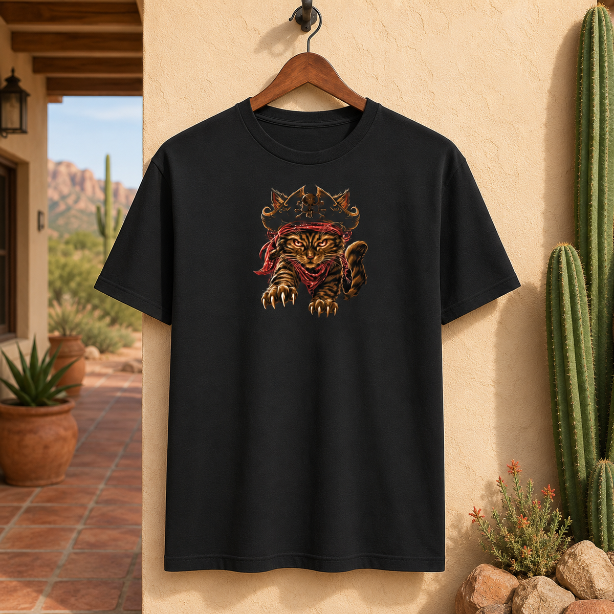 Black t-shirt with a pirate cat design hanging on a hook against a desert backdrop.