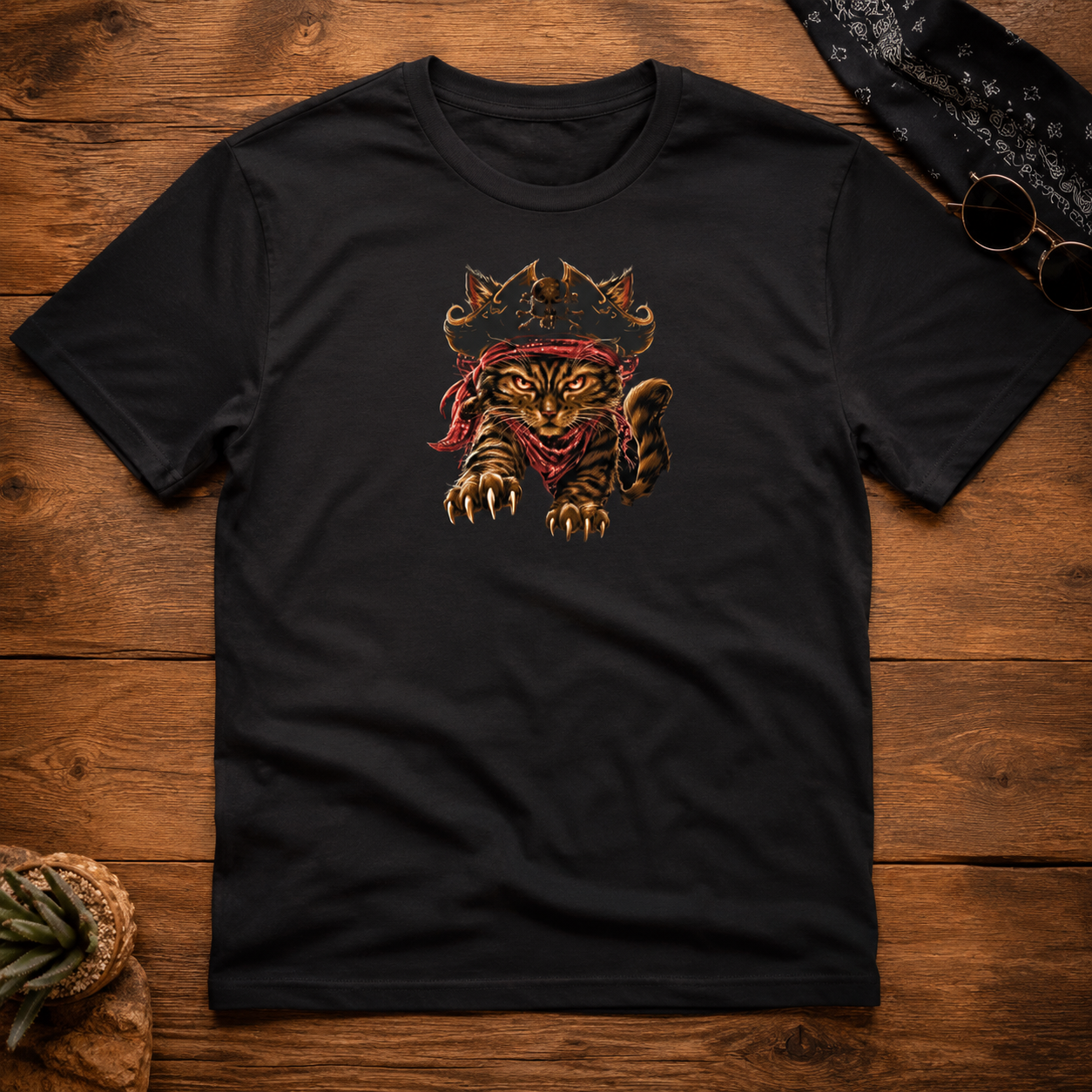Black t-shirt featuring a pirate cat graphic on a wooden surface with sunglasses.