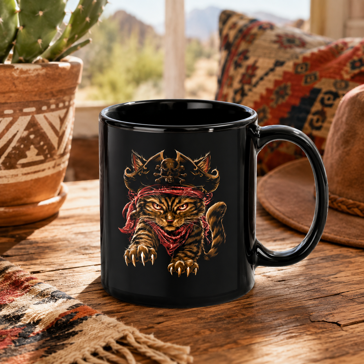 Black mug featuring a pirate cat design with a bandana and skull hat