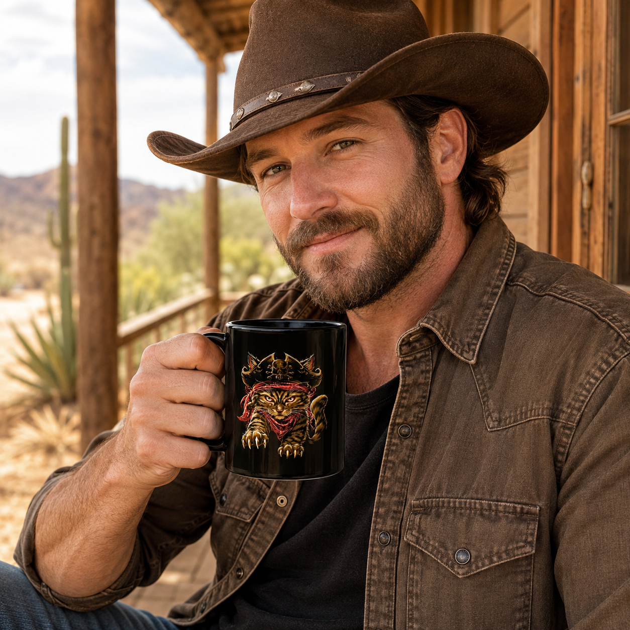 Man in a cowboy hat holding a black mug with a pirate cat design