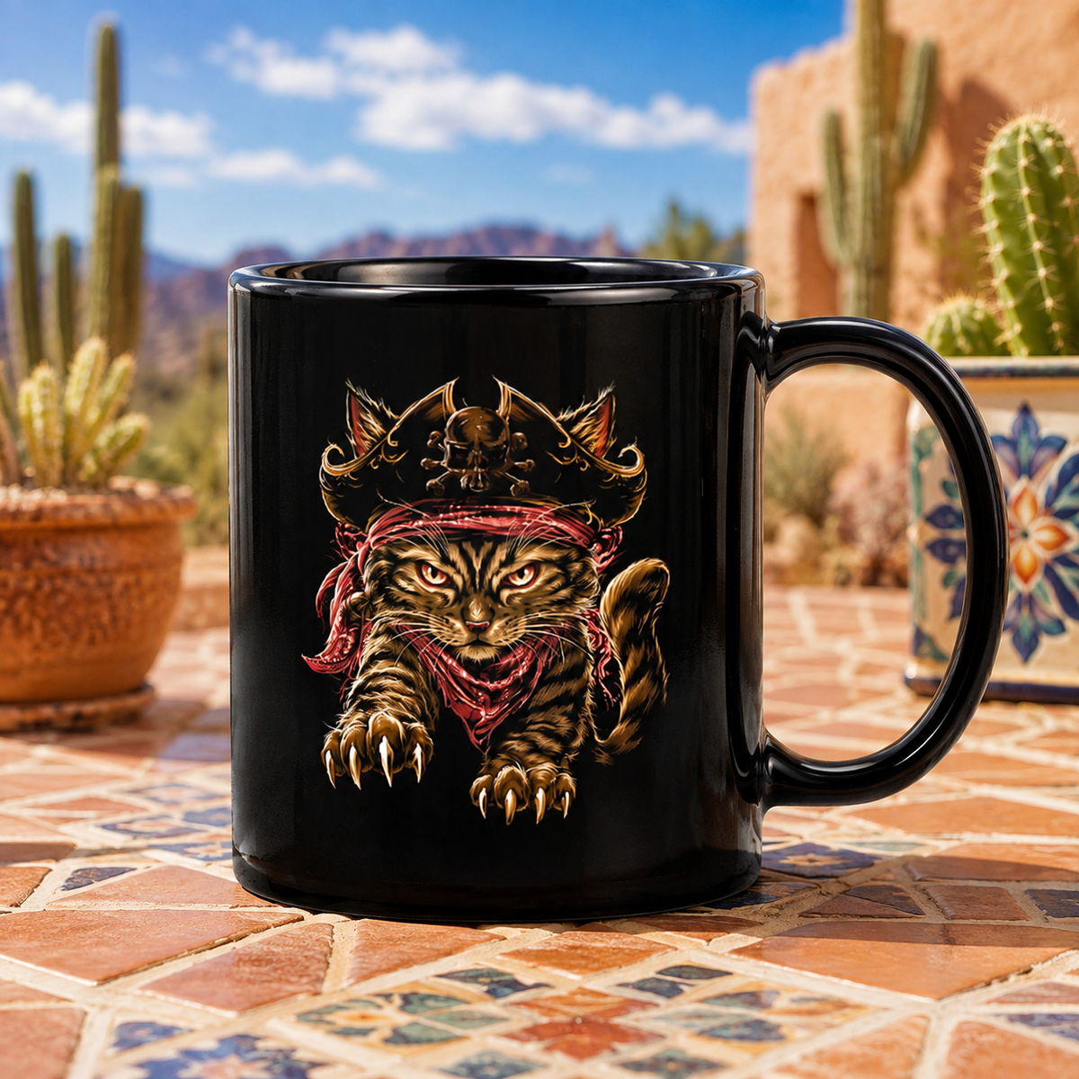 Black mug with a pirate cat design on a colorful tiled table outdoors
