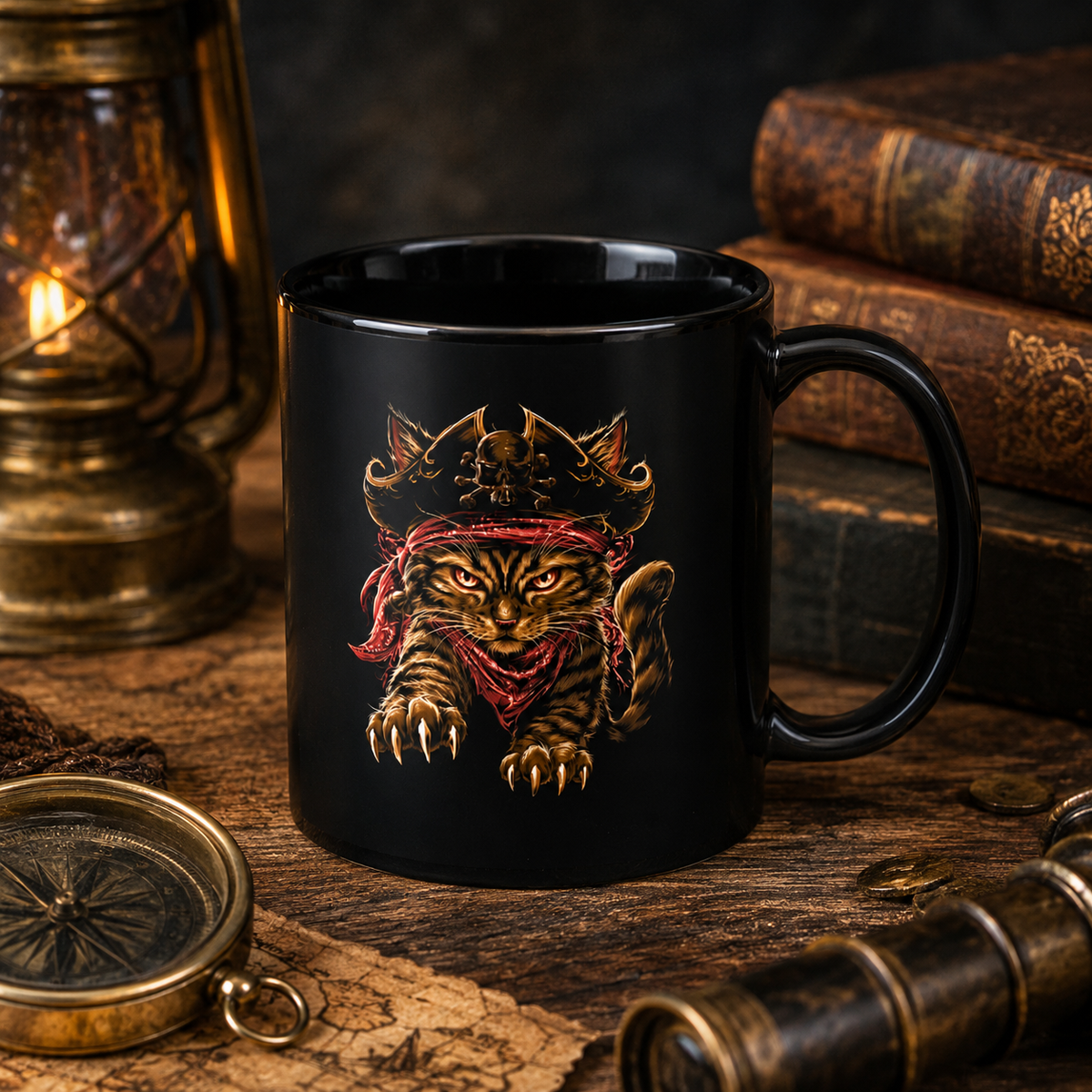 Black mug featuring a pirate cat design on a rustic wooden table with lantern and books