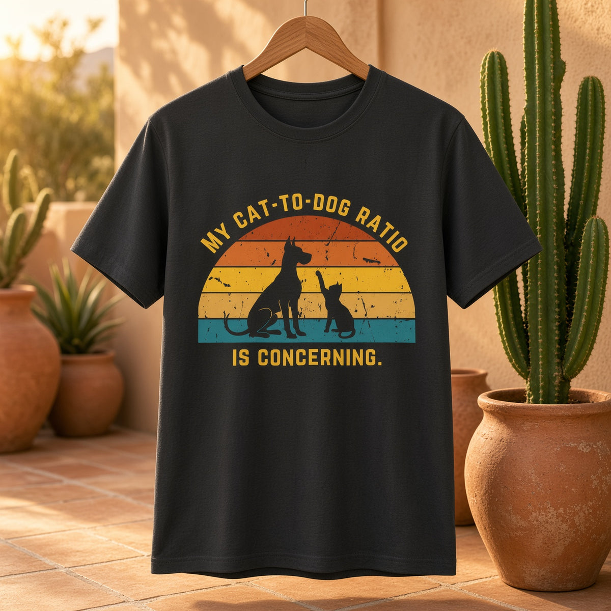 Black t-shirt featuring a retro design with a dog and cat silhouette and the text 'My Cat-to-Dog Ratio Is Concerning.'