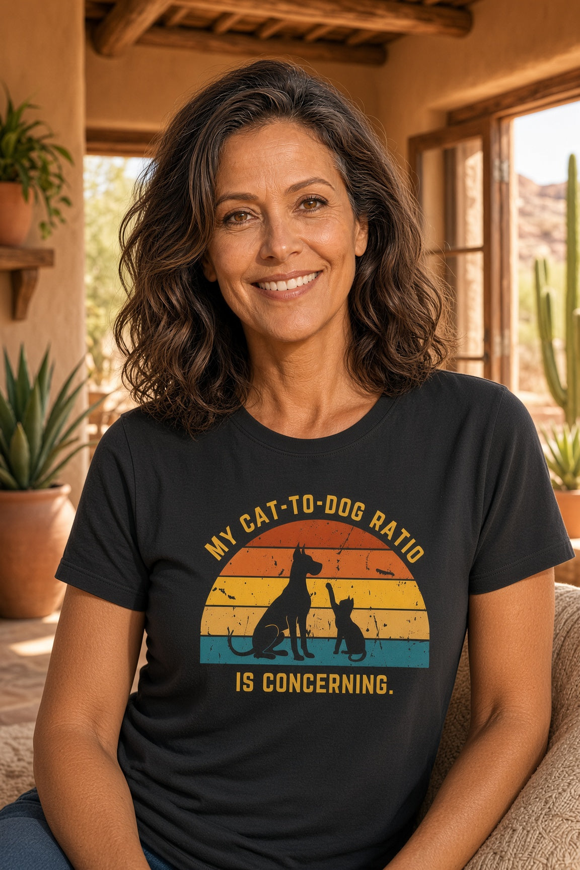 Woman wearing a black t-shirt with a retro pet design, smiling in a cozy indoor setting and the text 'My Cat-to-Dog Ratio Is Concerning.'