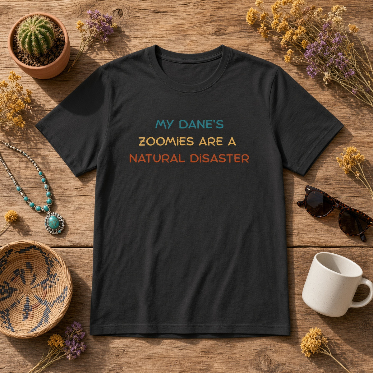 Black t-shirt displayed on a wooden table with decorative items around with colorful text saying 'My Dane’s Zoomies Are A Natural Disaster'.