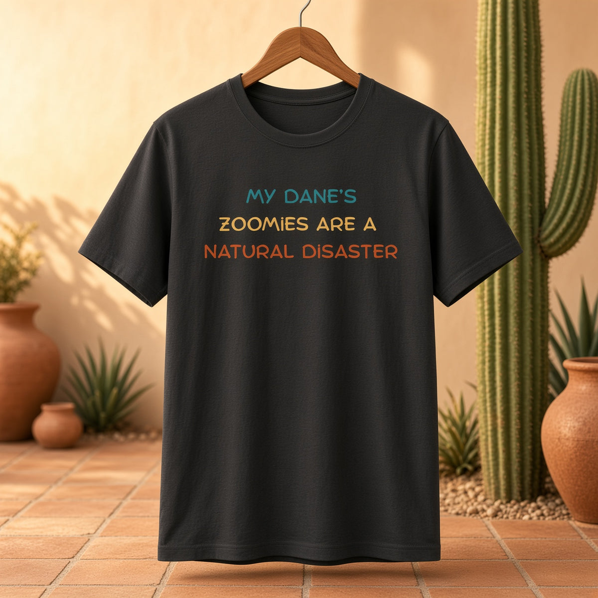 Black t-shirt hanging on a wooden hanger against a desert background with colorful text saying 'My Dane’s Zoomies Are A Natural Disaster'.