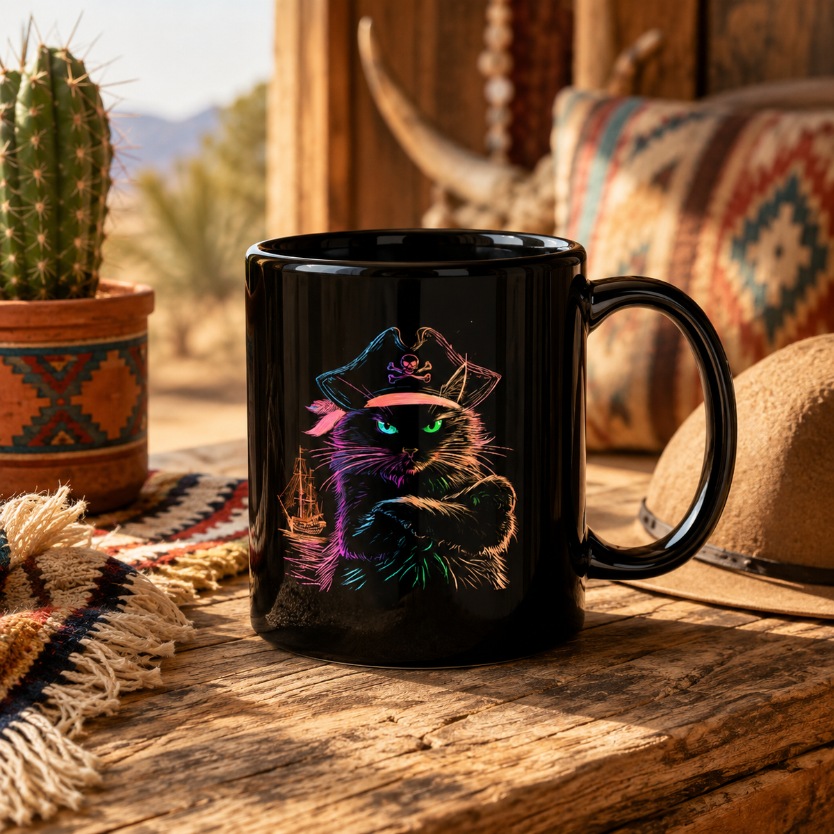 Black mug with a vibrant pirate cat illustration, set on a rustic wooden table.