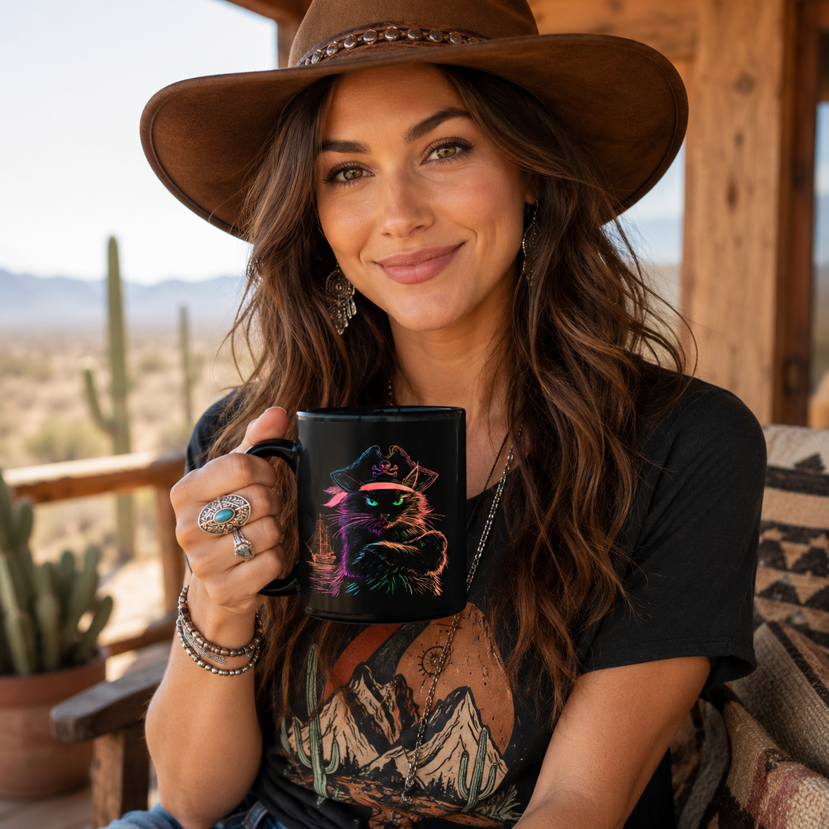 Woman holding a black mug with a pirate cat design, wearing a brown hat and smiling.