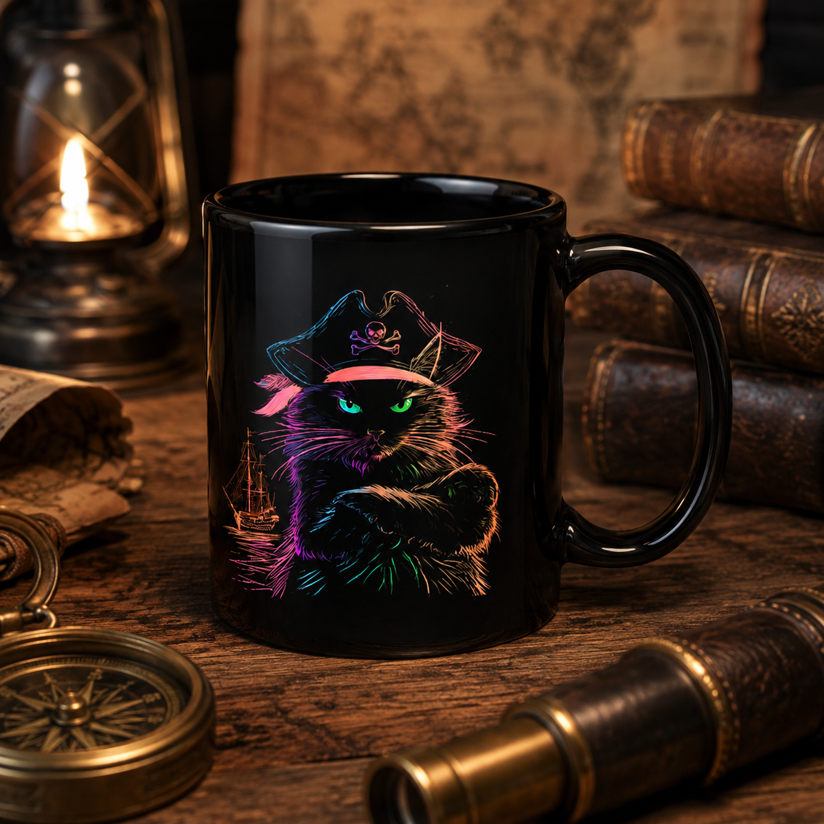 Black mug displaying a pirate cat design, surrounded by vintage items and a lantern.