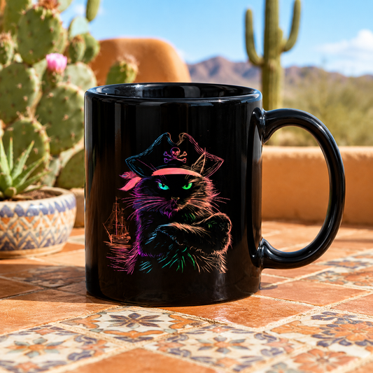 Black mug featuring a colorful pirate cat design with a ship in the background.