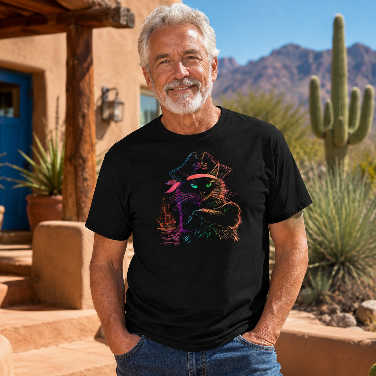 Man wearing a black t-shirt featuring a colorful pirate cat design outdoors.