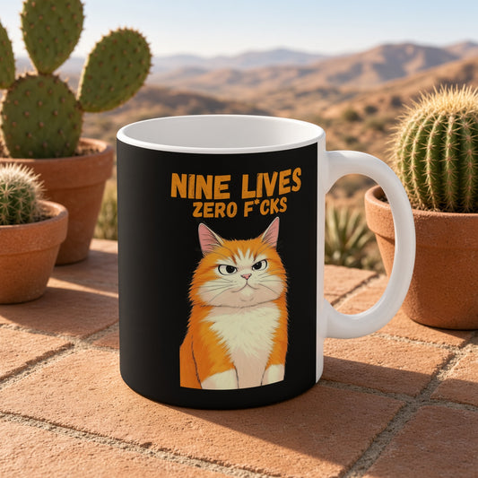 Funny ginger cat mug with 'NINE LIVES ZERO F*CKS' text, set against a desert landscape.