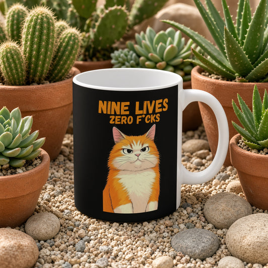 Ginger cat coffee mug featuring 'NINE LIVES ZERO F*CKS' text, surrounded by potted succulents.