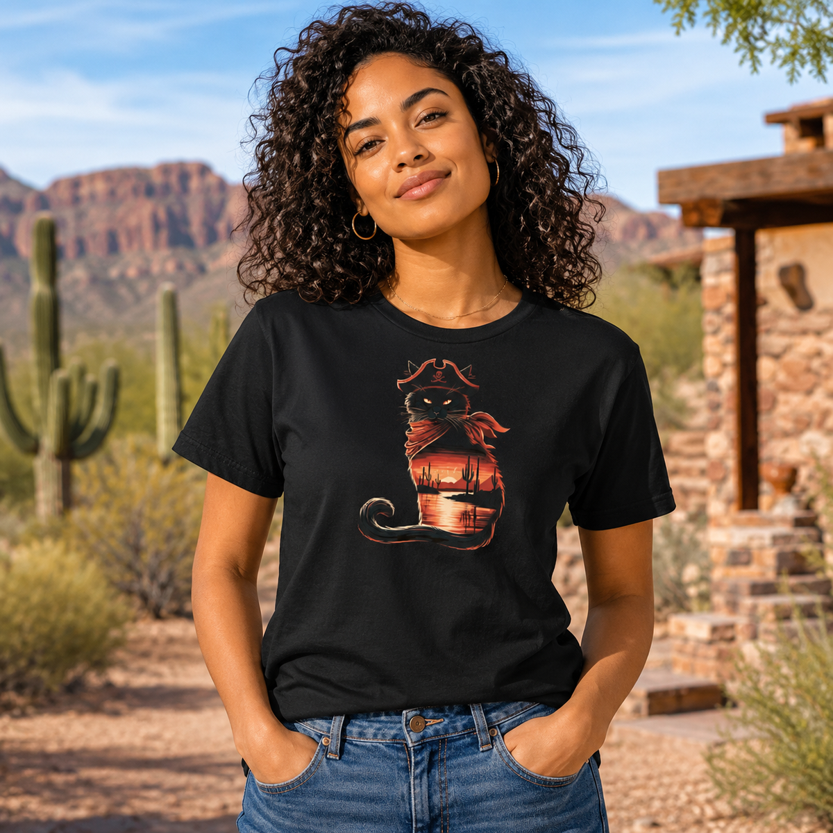Woman wearing a black t-shirt featuring a pirate cat design with a sunset background.