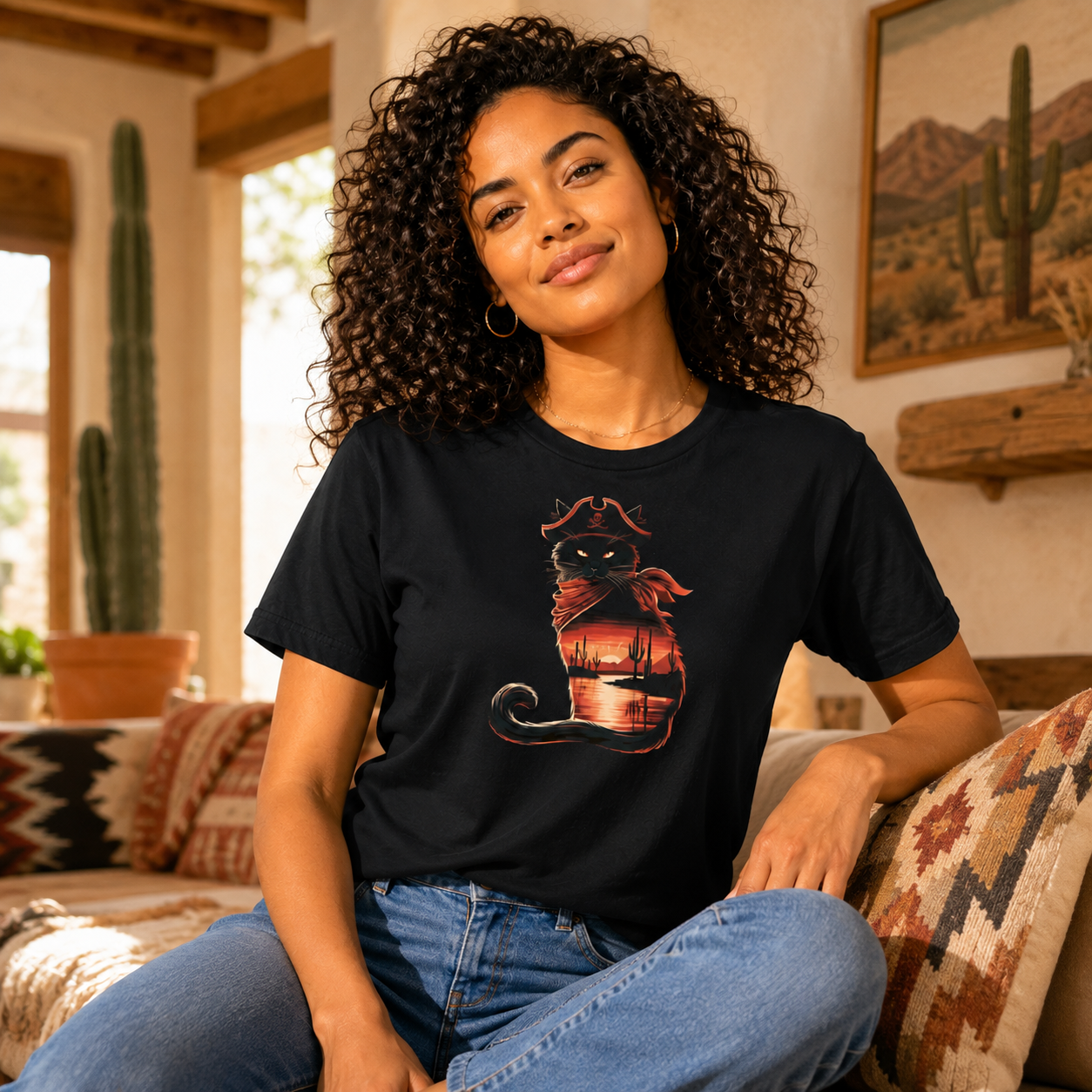 Woman wearing a black t-shirt featuring a pirate cat design with a desert sunset.