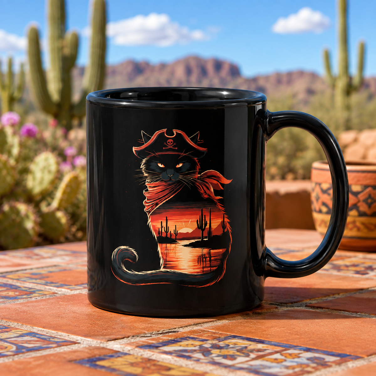 Black mug featuring a pirate cat design with a desert sunset background.