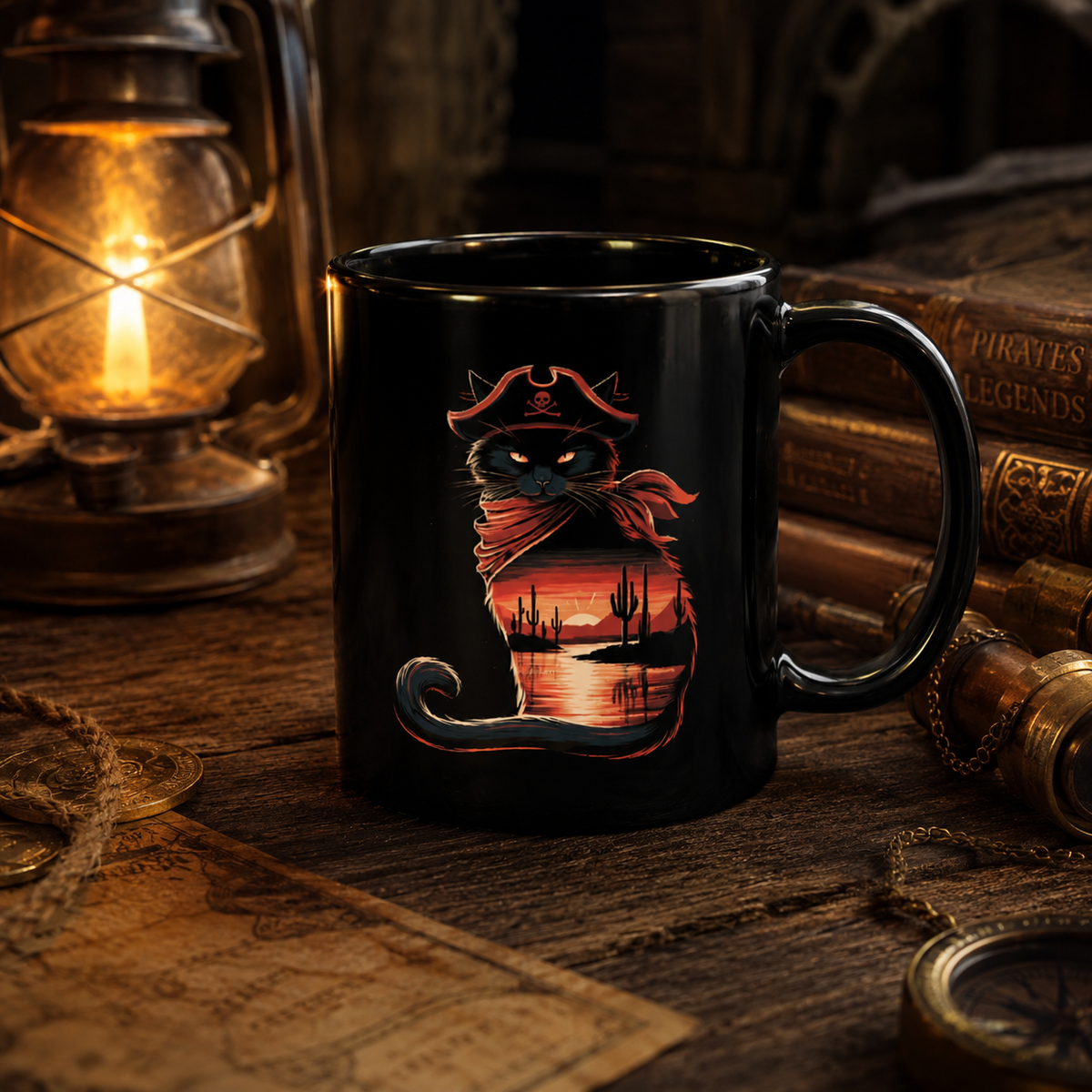 Black mug with a pirate cat illustration, set against a rustic wooden background.