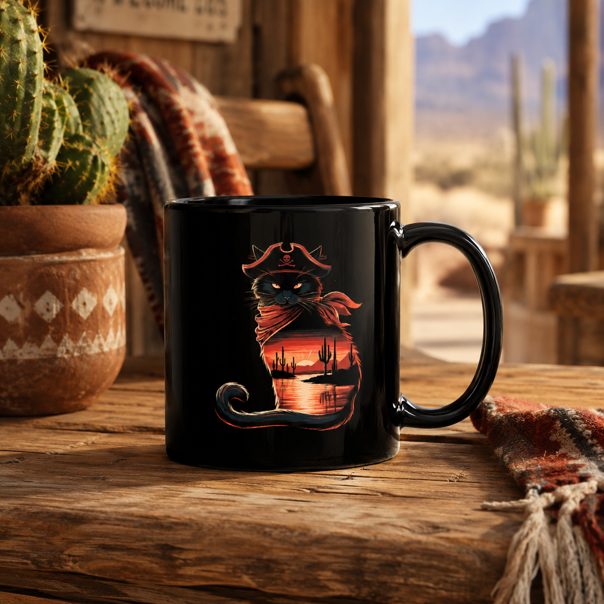 Black mug displaying a pirate cat design, placed on a wooden table with cacti in the background.