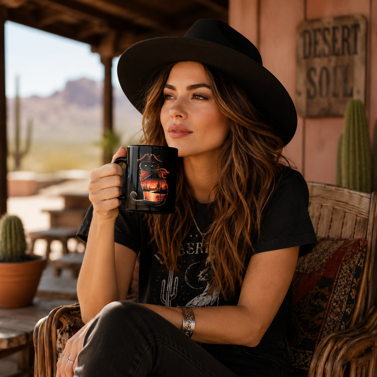Woman holding a black mug with a pirate cat design, sitting in a desert-themed setting.