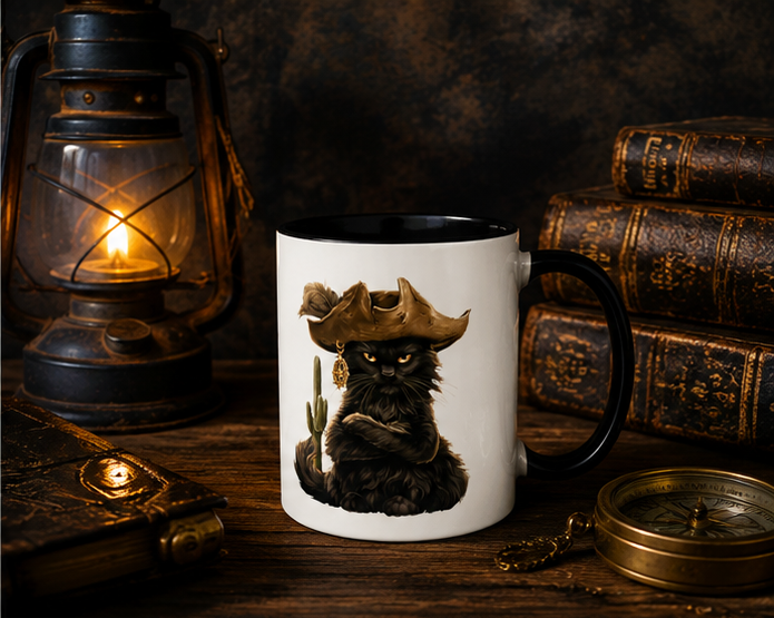 Black cat in a pirate hat with a cactus, next to a lantern and old books.