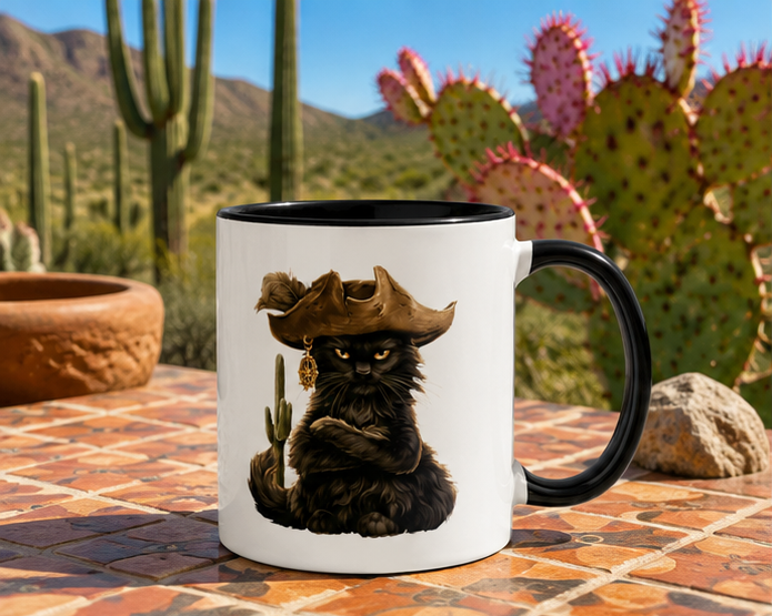 Black cat in a pirate hat with a cactus, sitting on a tiled table outdoors.