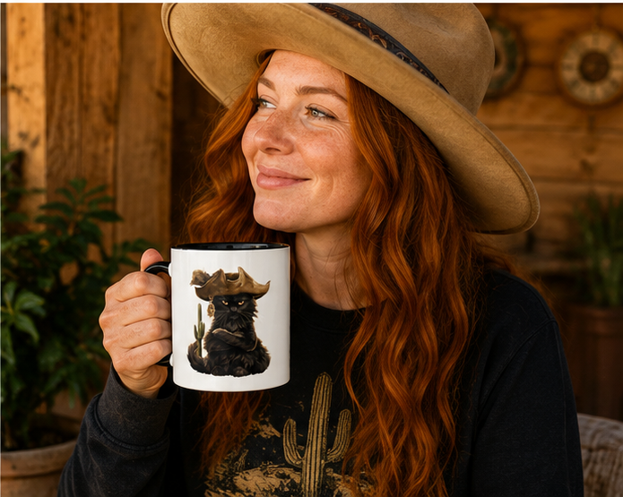 Woman holding a mug with a black cat in a pirate hat, smiling outdoors.