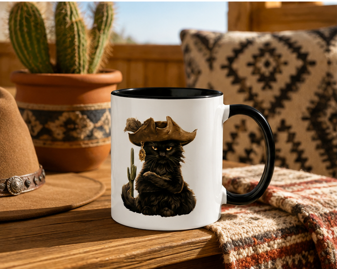 Black cat in a pirate hat with a cactus, placed on a wooden table with a hat and plant.