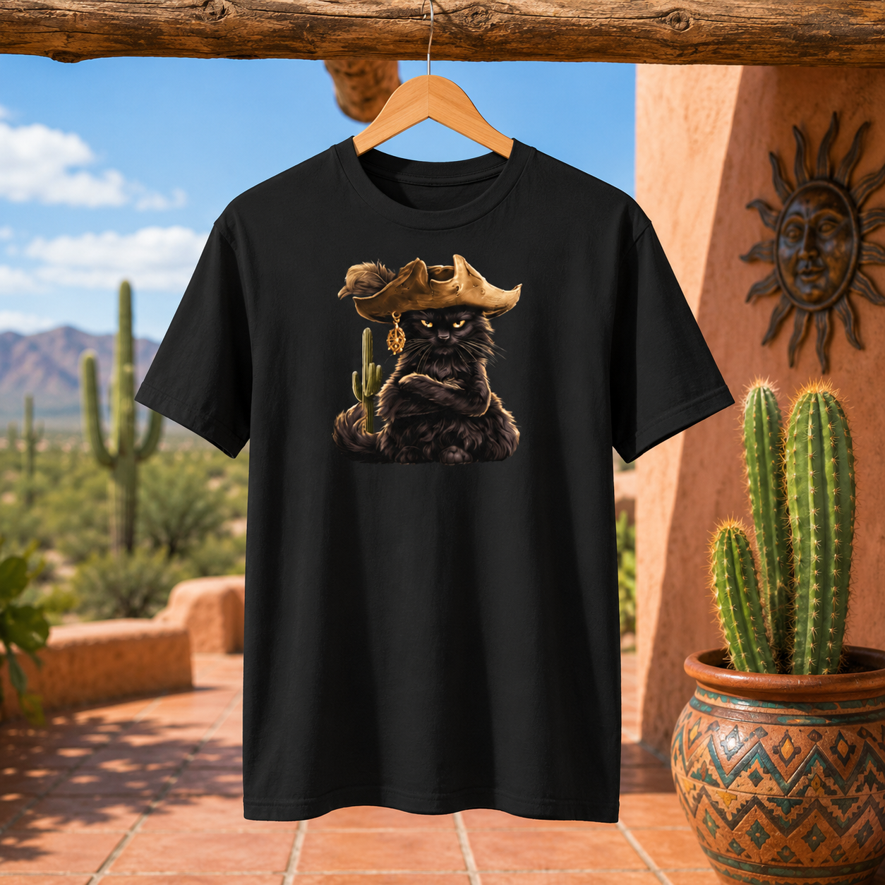 Black tee with a pirate cat design displayed on a hanger in a desert setting.