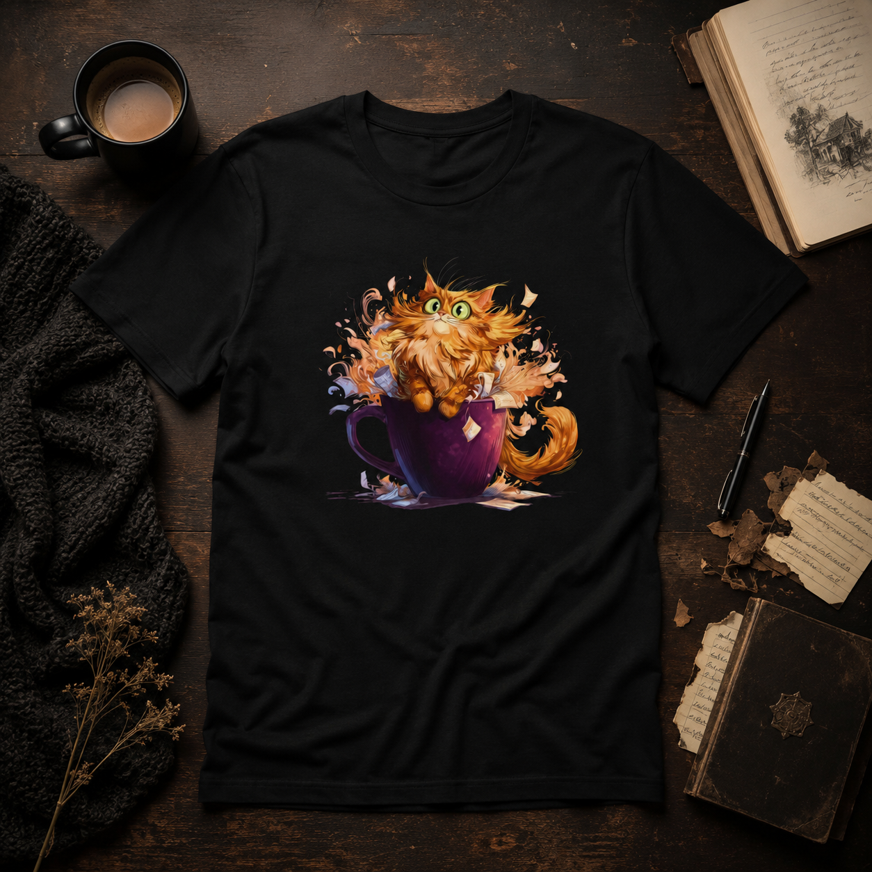 A black short-sleeve graphic T-shirt laid flat on a dark wooden surface, featuring a colorful illustration of an orange cat popping out of a purple teacup with scattered chaos. Surrounding props include a mug of coffee, an open book, a pen, torn paper, and a dark knit blanket.
