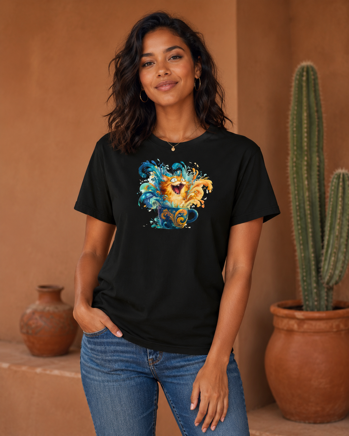 A woman wearing a black short-sleeve graphic t-shirt with a ginger tabby bursting through a spray of bright blue and orange chaos in a mug. Paired with blue jeans, standing in front of a warm brown stucco wall with a potted cactus.