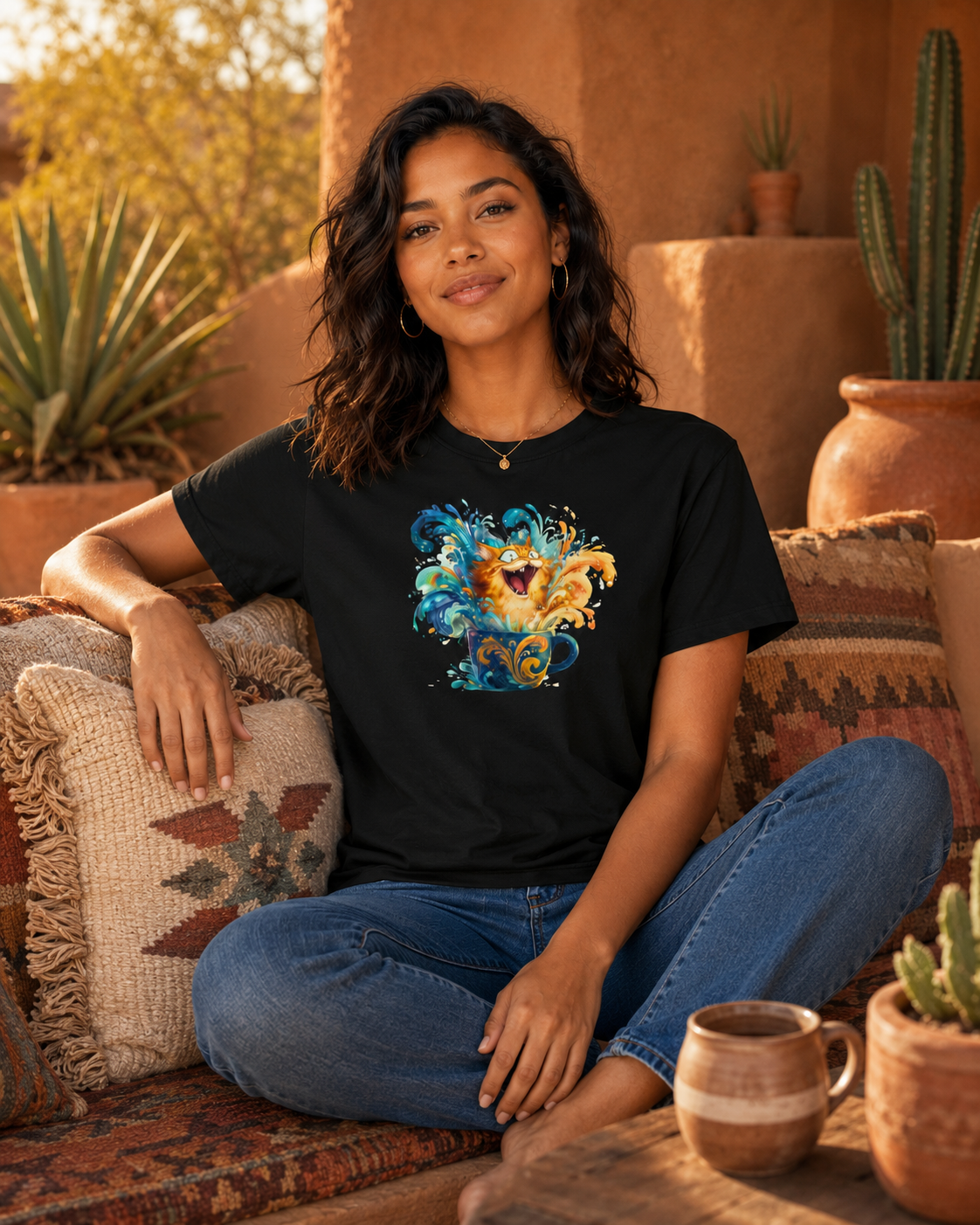A woman sits cross-legged on a patterned couch in a warm desert-style room, wearing a black graphic T-shirt with ginger tabby bursting through a spray of bright color in a mug, paired with blue jeans.