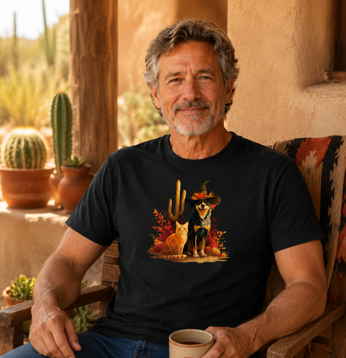 A man sitting on a porch chair wearing a black graphic t-shirt with a colorful graphic of a orange cat and heeler in a witch hat desert autumn feels.