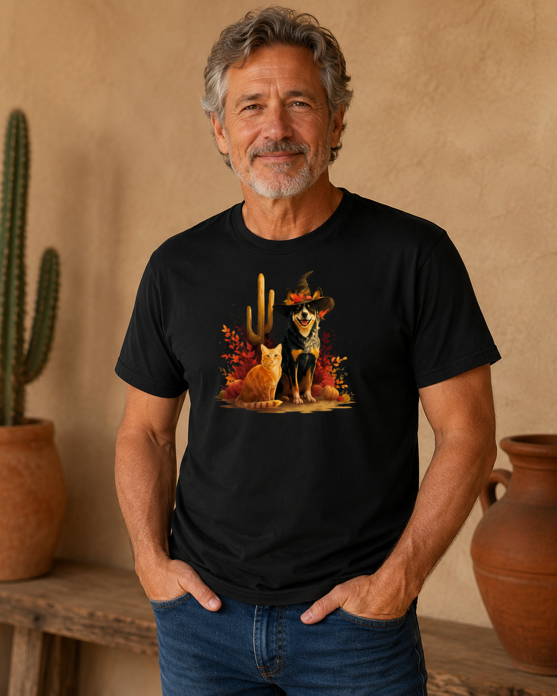 A man wearing a black crewneck t-shirt with a colorful graphic of a orange cat and heeler in a witch hat desert autumn feels. The background features a textured beige wall, a rustic wooden bench, and terracotta pots with a cactus.