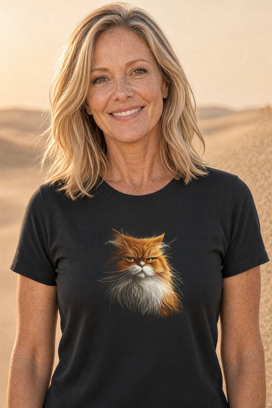 Woman wearing a black t-shirt featuring a grumpy orange cat design.
