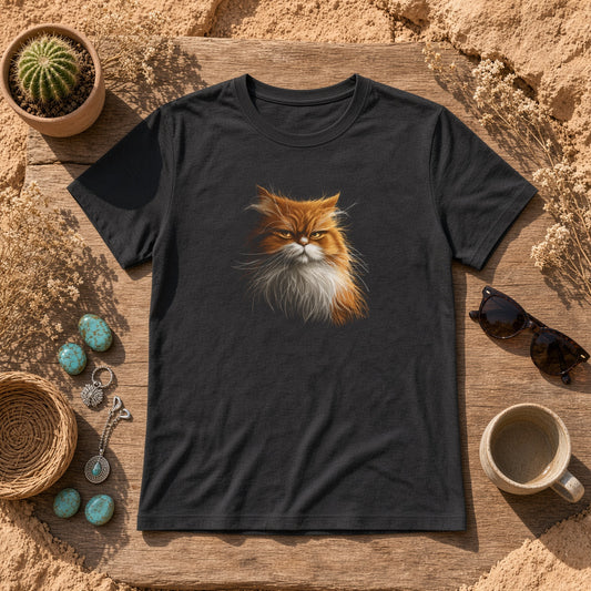 Black t-shirt with a grumpy orange cat design displayed on a rustic wooden surface.