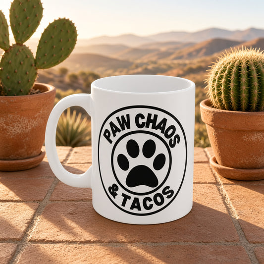 White mug with 'Paw Chaos & Tacos' design, surrounded by cacti.