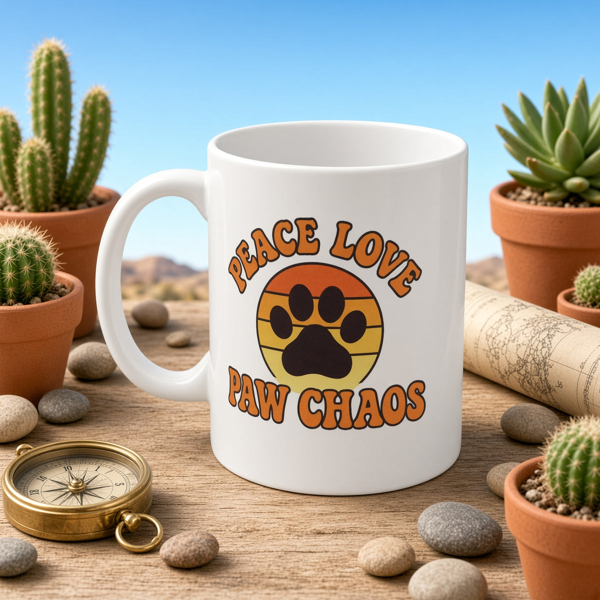 White mug displaying 'Peace Love Paw Chaos' text and paw print design, with a compass and rocks nearby.