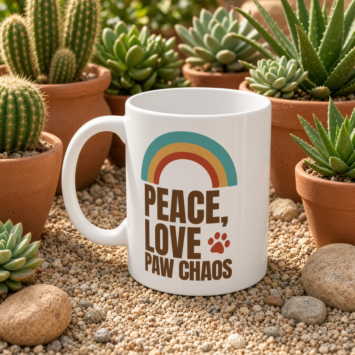 White mug with 'Peace, Love, Paw Chaos' text and a rainbow, nestled among potted succulents and cacti.