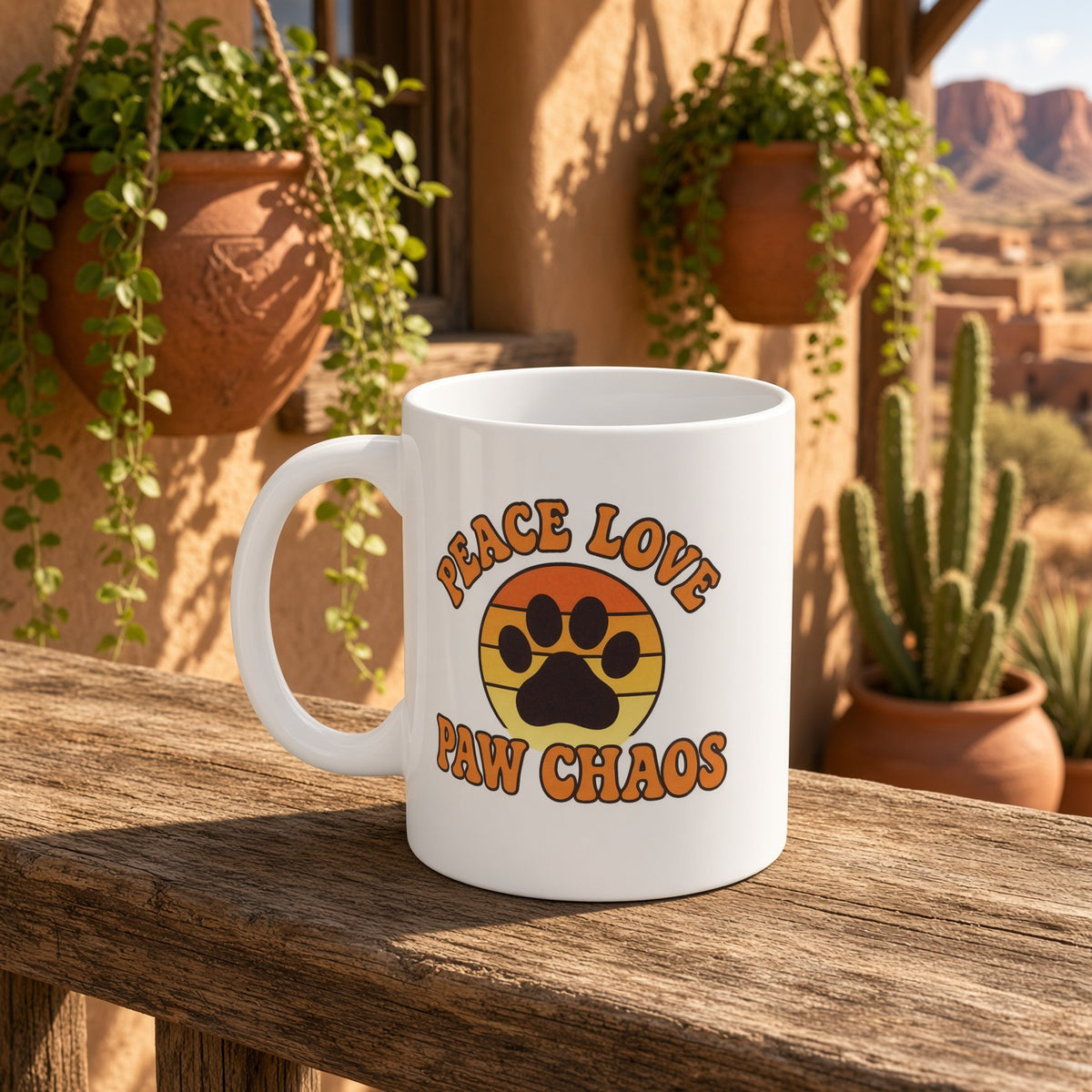 White mug with 'Peace Love Paw Chaos' text and paw print design, placed on a wooden table with hanging plants.