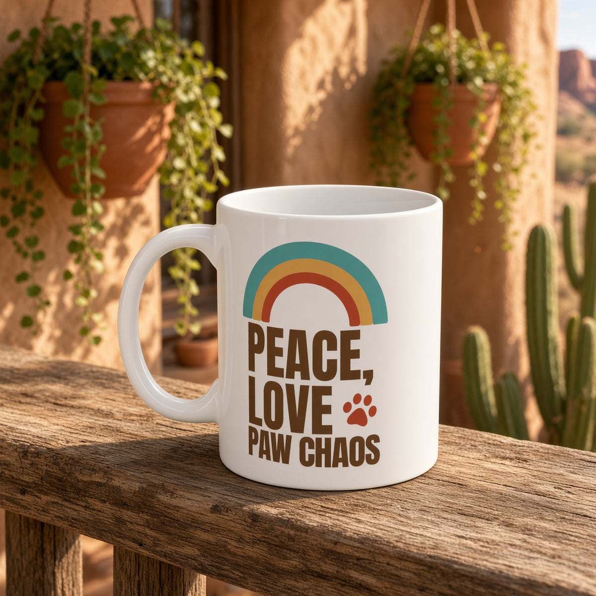 White mug featuring 'Peace, Love, Paw Chaos' text and a rainbow, set on a wooden railing with hanging plants.