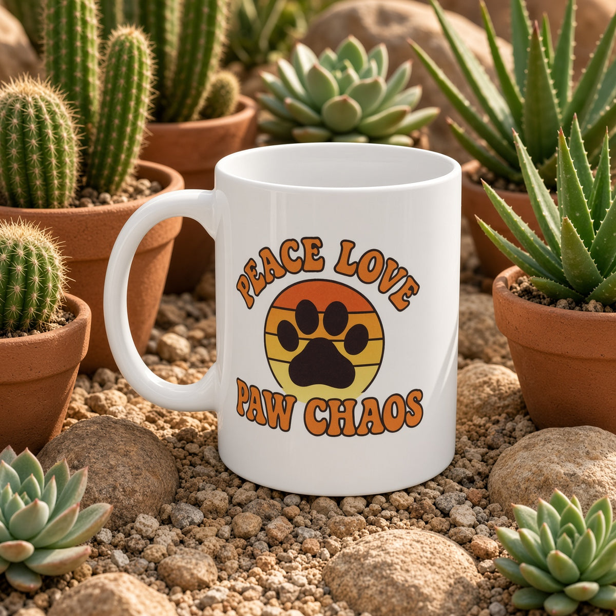 White mug featuring 'Peace Love Paw Chaos' text and paw print design, surrounded by potted plants.