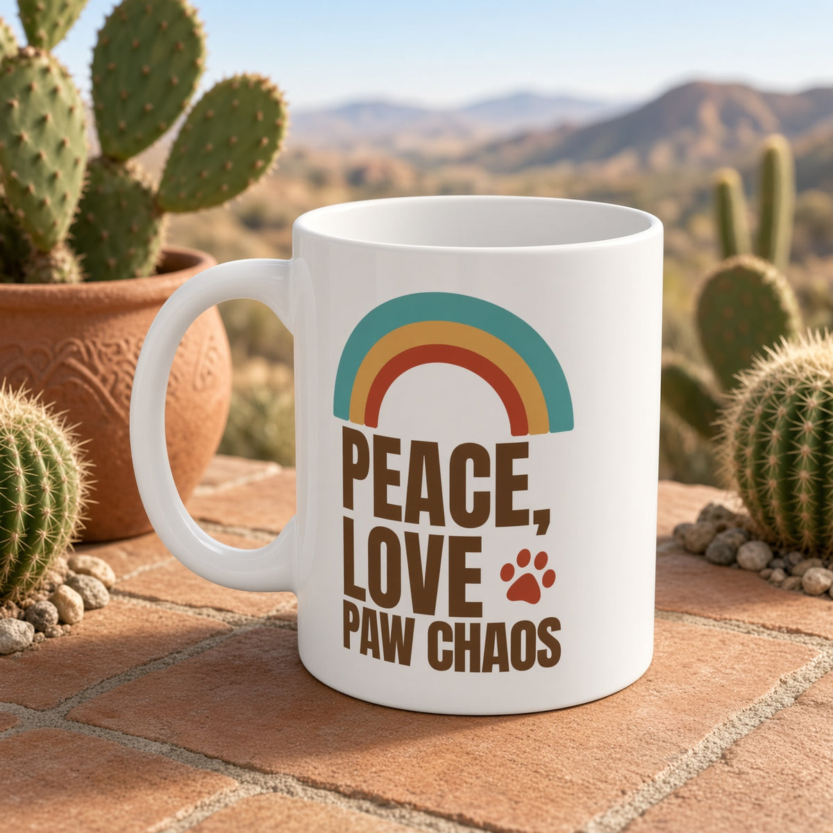White mug with 'Peace, Love, Paw Chaos' text and a rainbow design, placed on a stone surface with cacti.