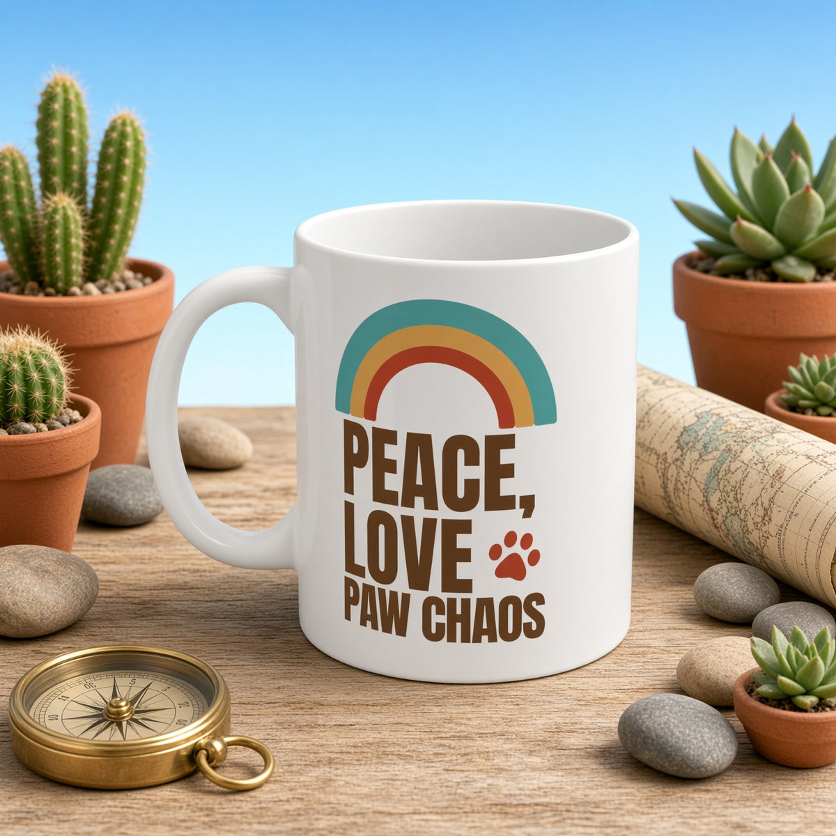 White mug displaying 'Peace, Love, Paw Chaos' text and a rainbow, surrounded by plants and a compass.
